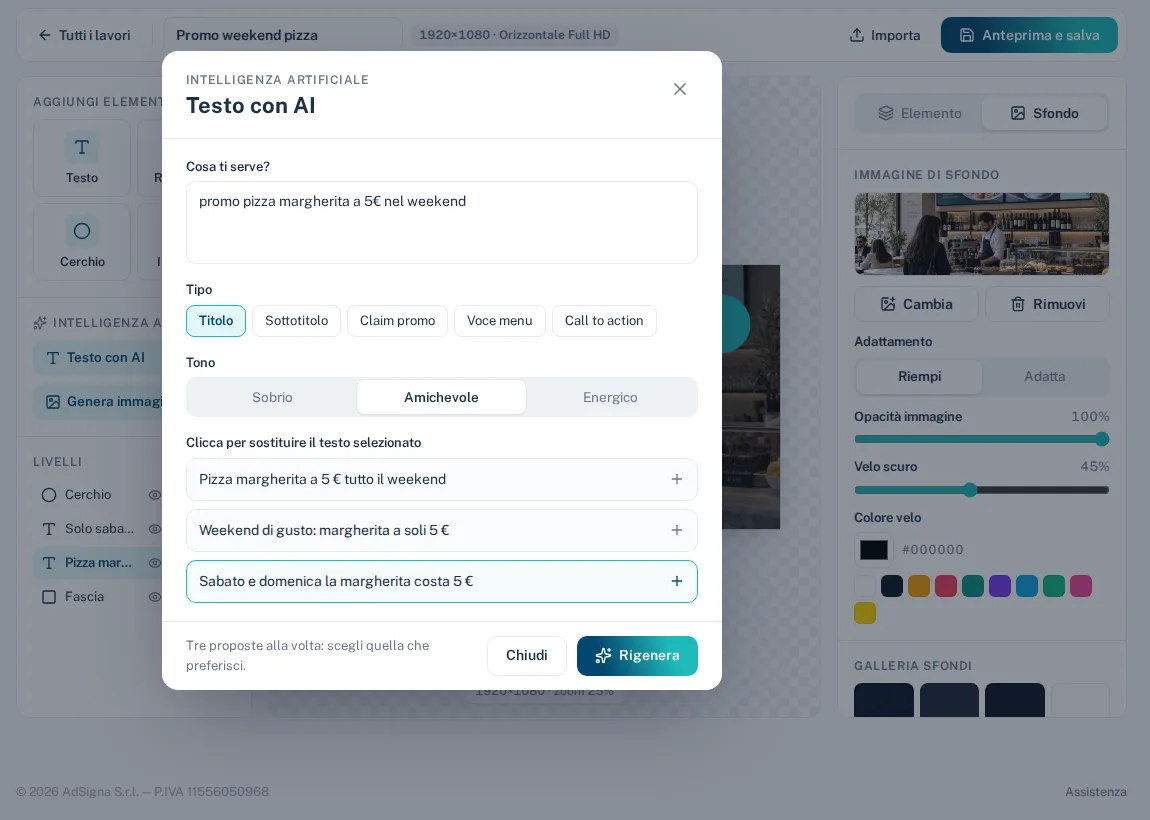 Finestra Testo con AI con tre proposte di testo