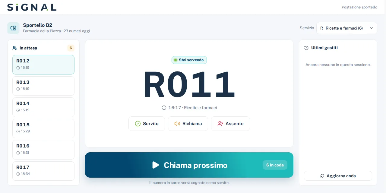 Postazione dello sportello con il pulsante Chiama prossimo