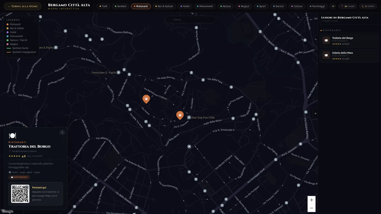 Scheda di un luogo con orari e QR Portami qui