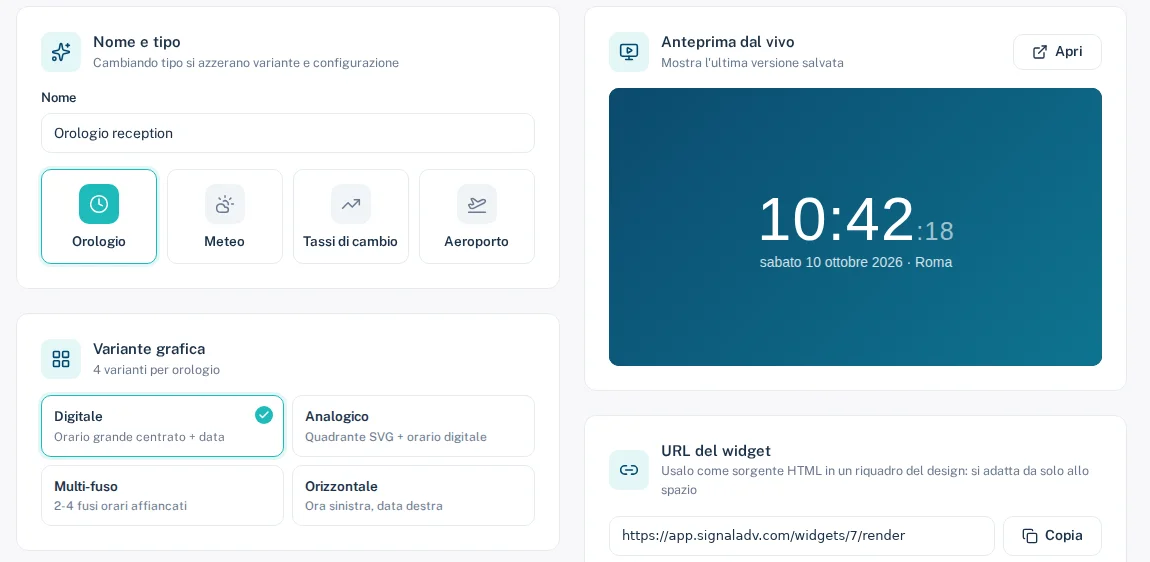 Widget orologio nel pannello con tipo, variante grafica e anteprima dal vivo